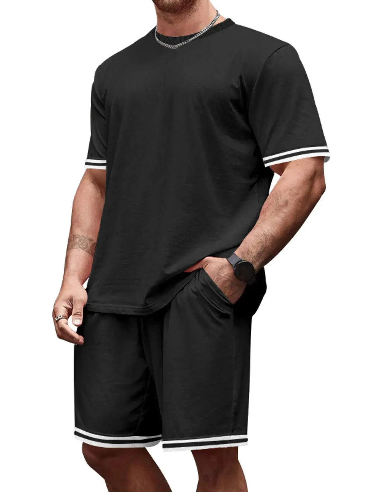 Men's black two-piece summer set: short-sleeve tee with white striped cuffs and matching black shorts with white trim.