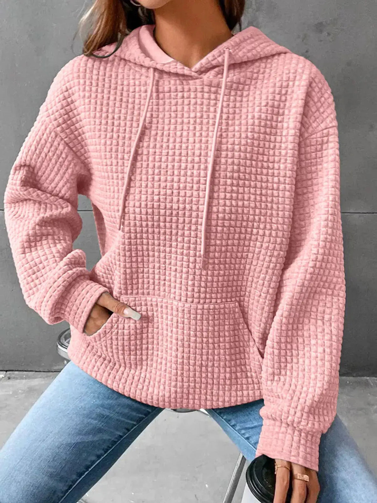 Full Size Textured Kangaroo Pocket Hoodie Plus Size in pink, hooded with waffle-textured fabric
