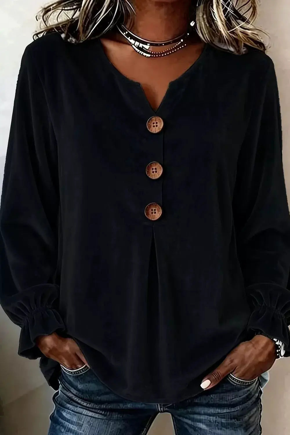 Velvet black blouse with wooden front buttons and gathered ruffled cuffs, plus size