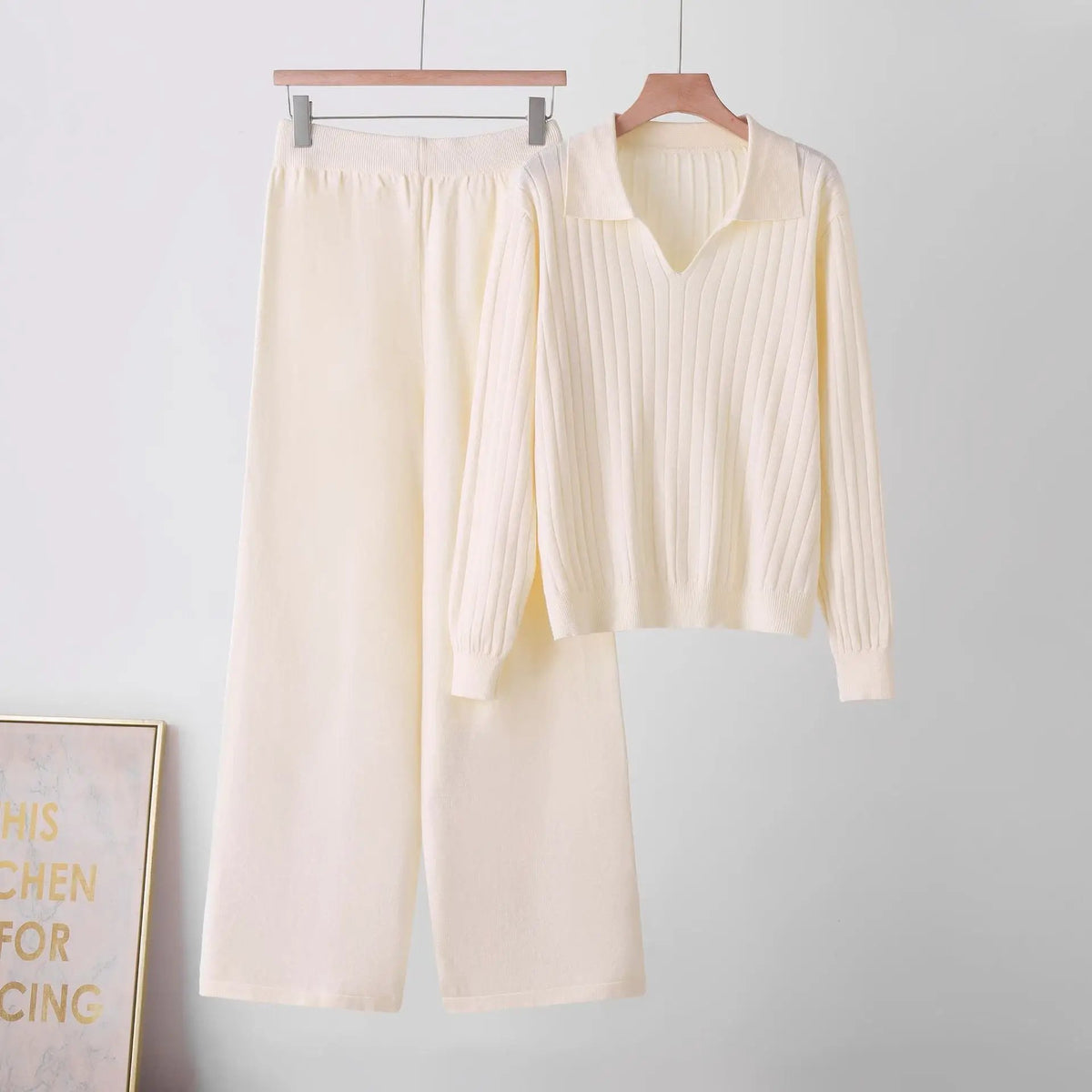 Matching polo-neck knit two-piece set for women in cream, soft knit fabric by eprolo