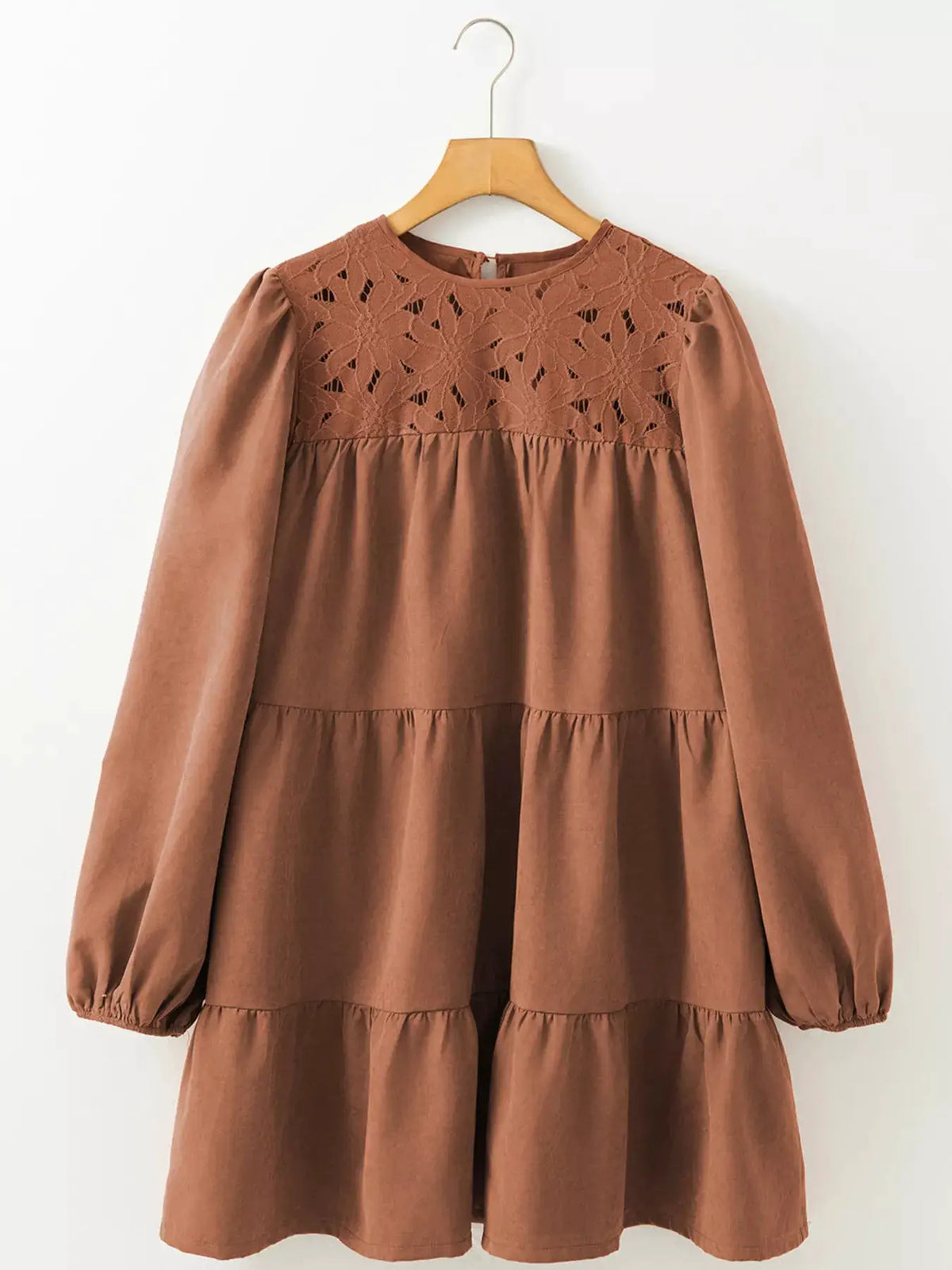Floral lace crochet tiered mini dress in terracotta brown with long puff sleeves