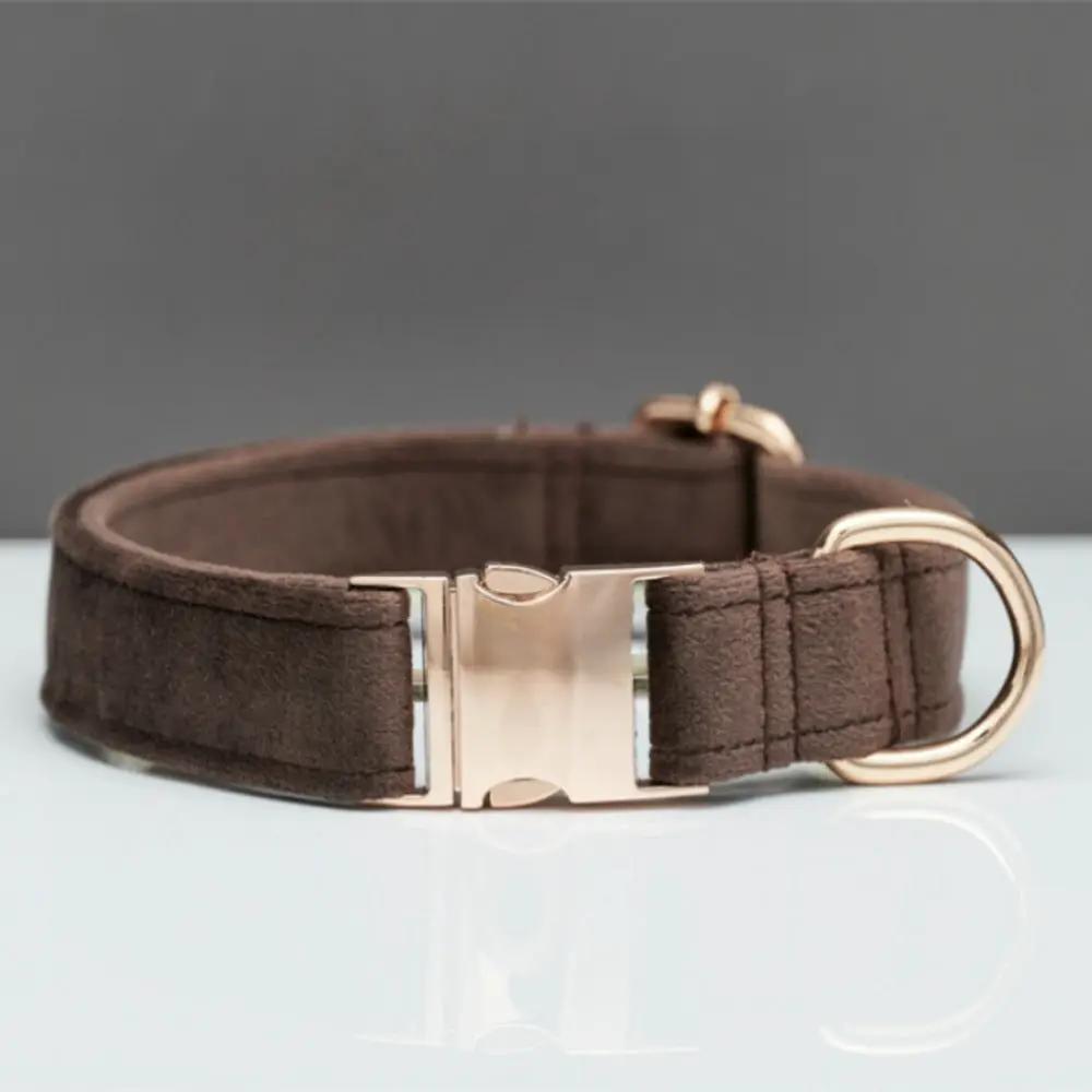 Velvet brown dog collar with rose-gold buckle and D-ring
