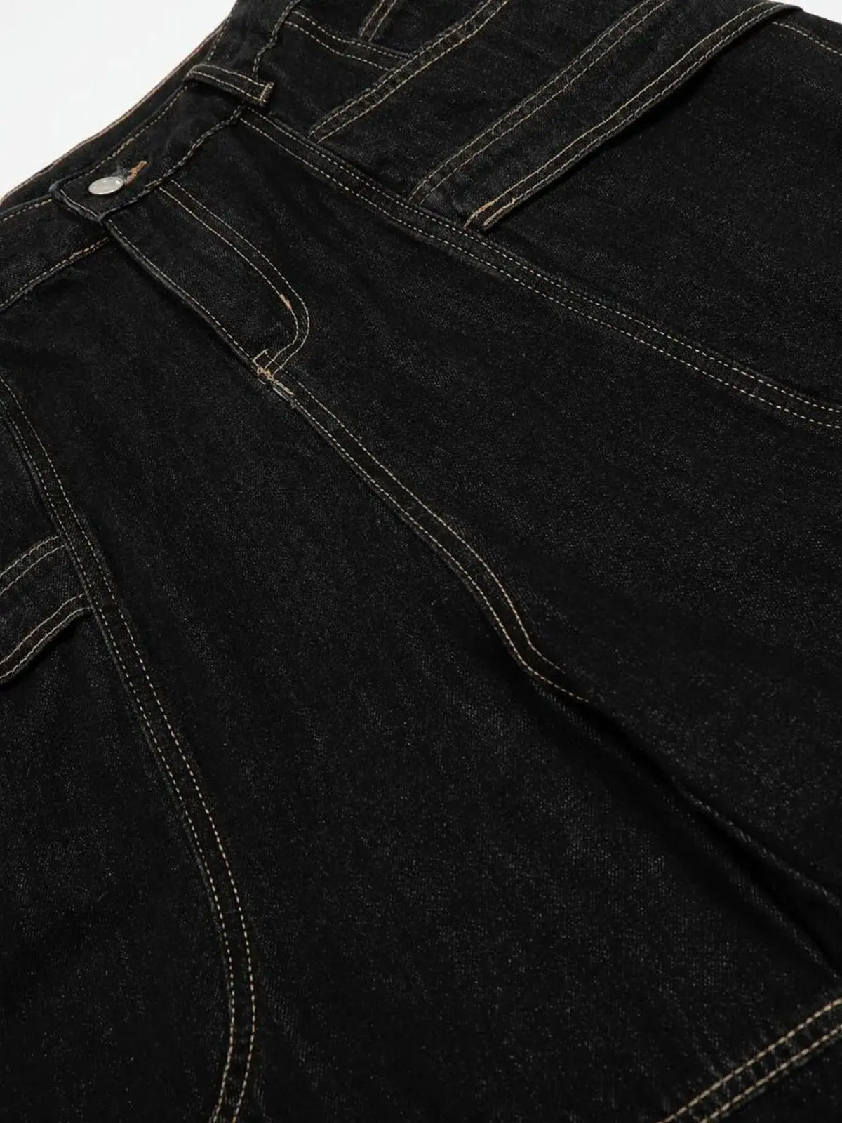 Men's wide-leg cotton denim shorts in dark indigo with contrast stitching