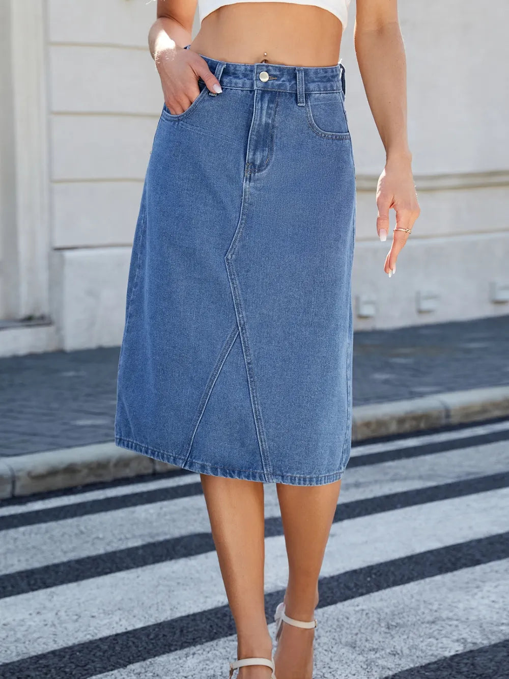 Slit Back Midi Denim Skirt, blue denim, midi-length, eprolo
