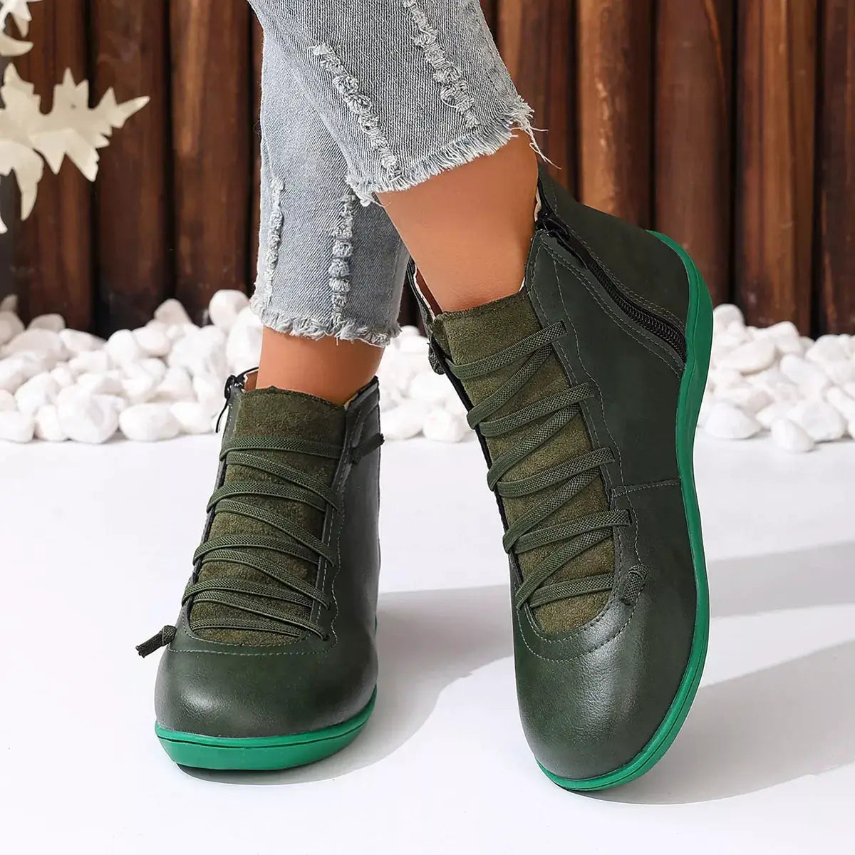 Lace-Up Faux Leather Ankle Boots by Trendsi in dark green with a green sole.
