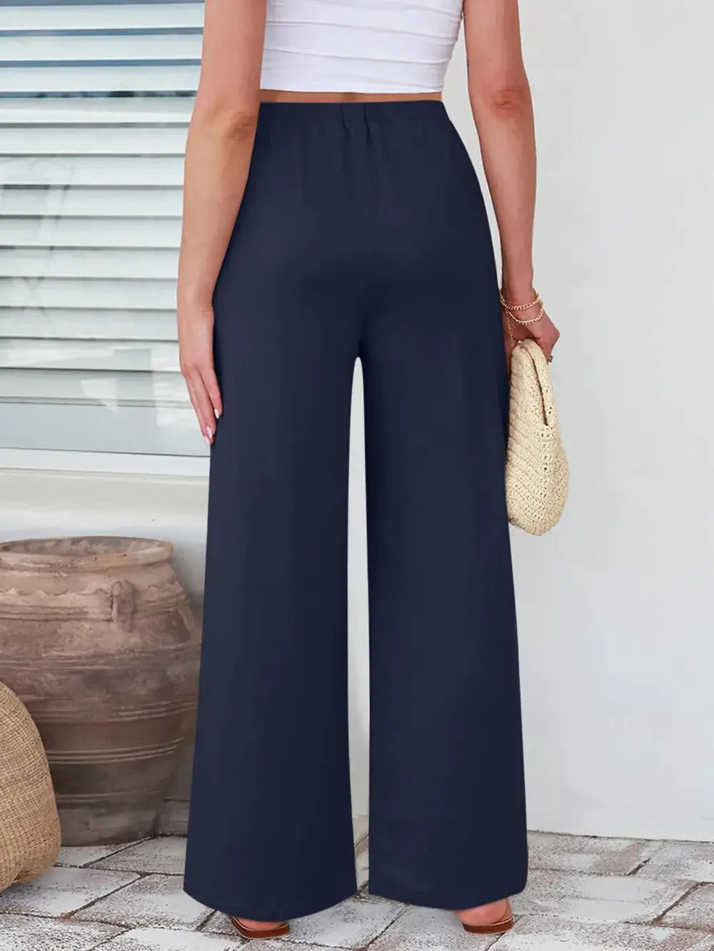 Elastic Waist Wide Leg Pants by Trendsi in navy palazzo style
