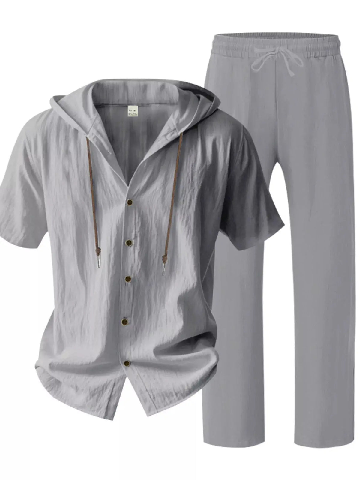 Mens breathable linen hooded button-up top and pants set in gray; plus size by Trendsi.