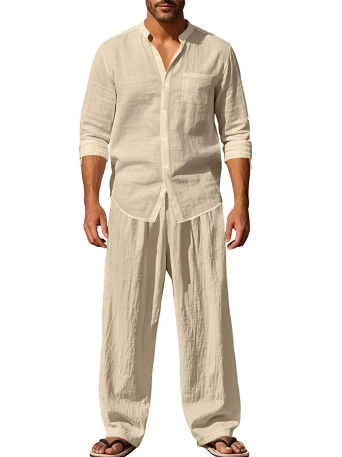 Men's beige linen-blend button-front shirt and pants two-piece set