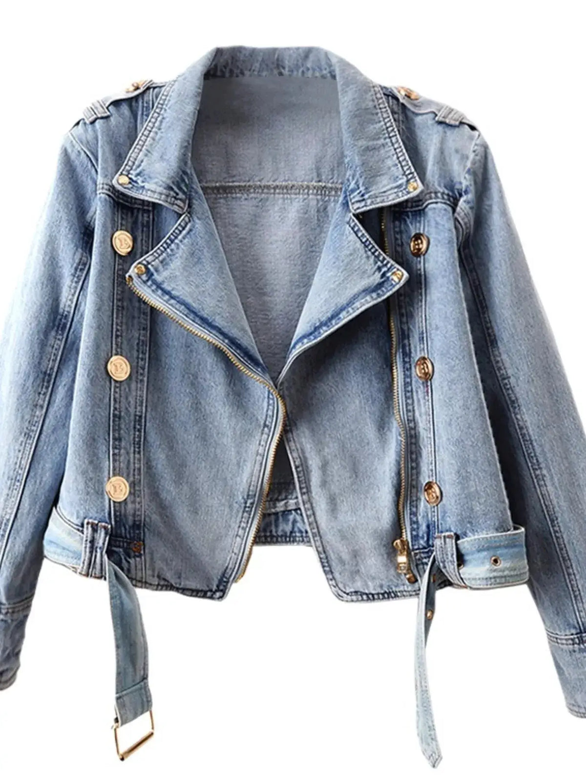 Asymmetrical zip front belted denim jacket in blue by Trendsi
