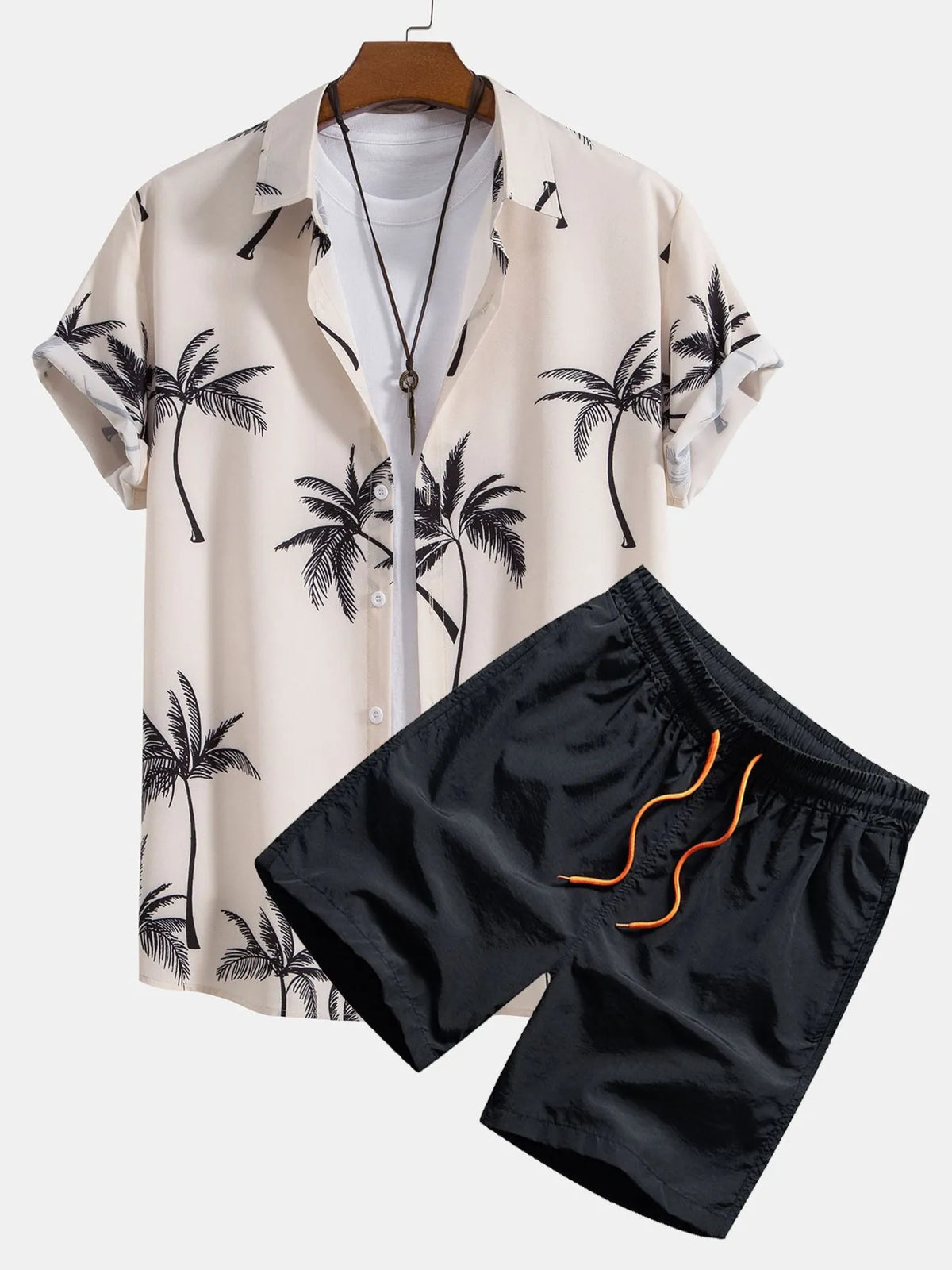 Men's plus-size palm tree print shirt and shorts set by Trendsi; beige buttoned shirt with black shorts, lightweight