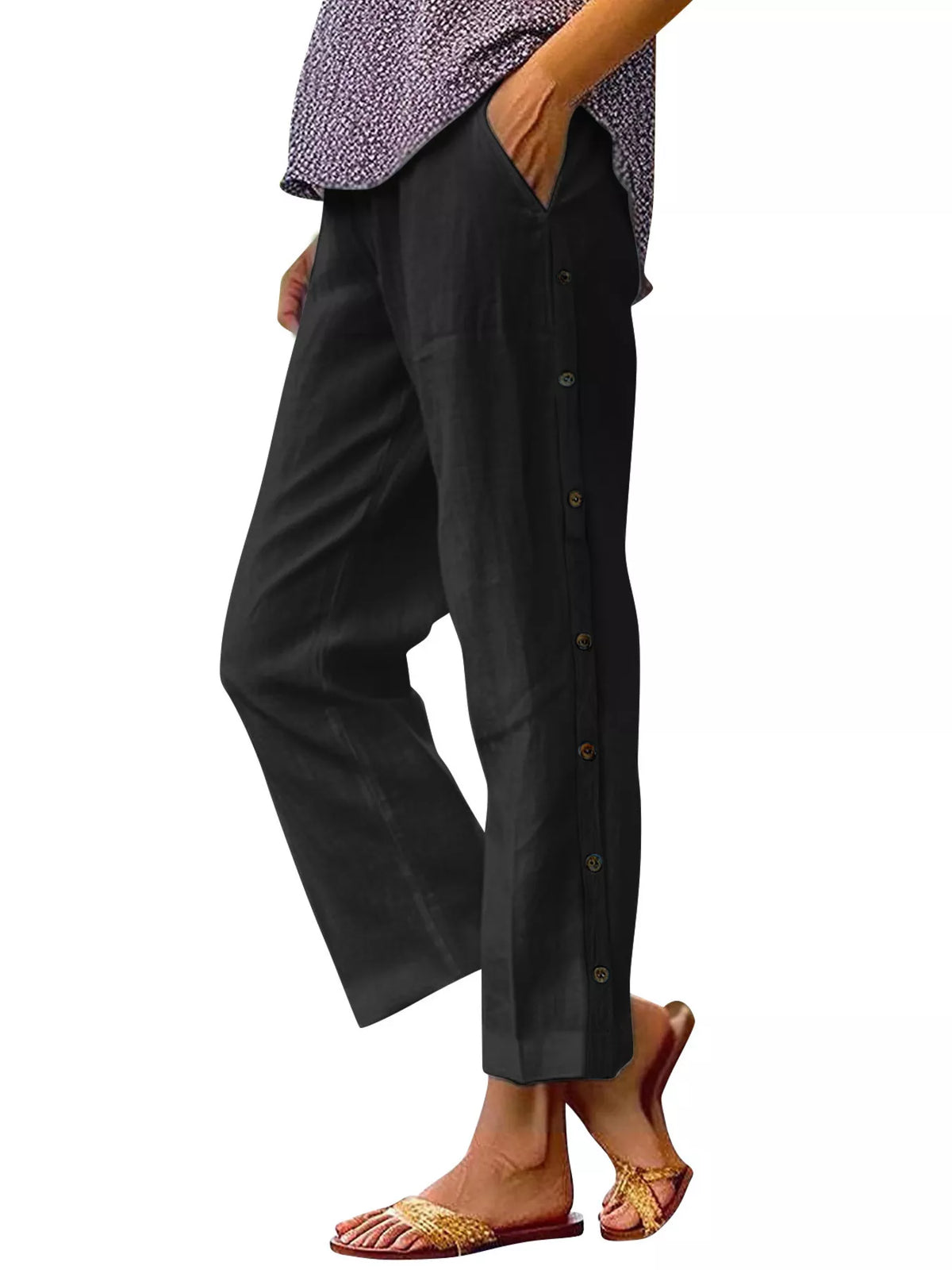 Full Size Side Button Decor Pants Plus Size by Trendsi, black pocketed trousers