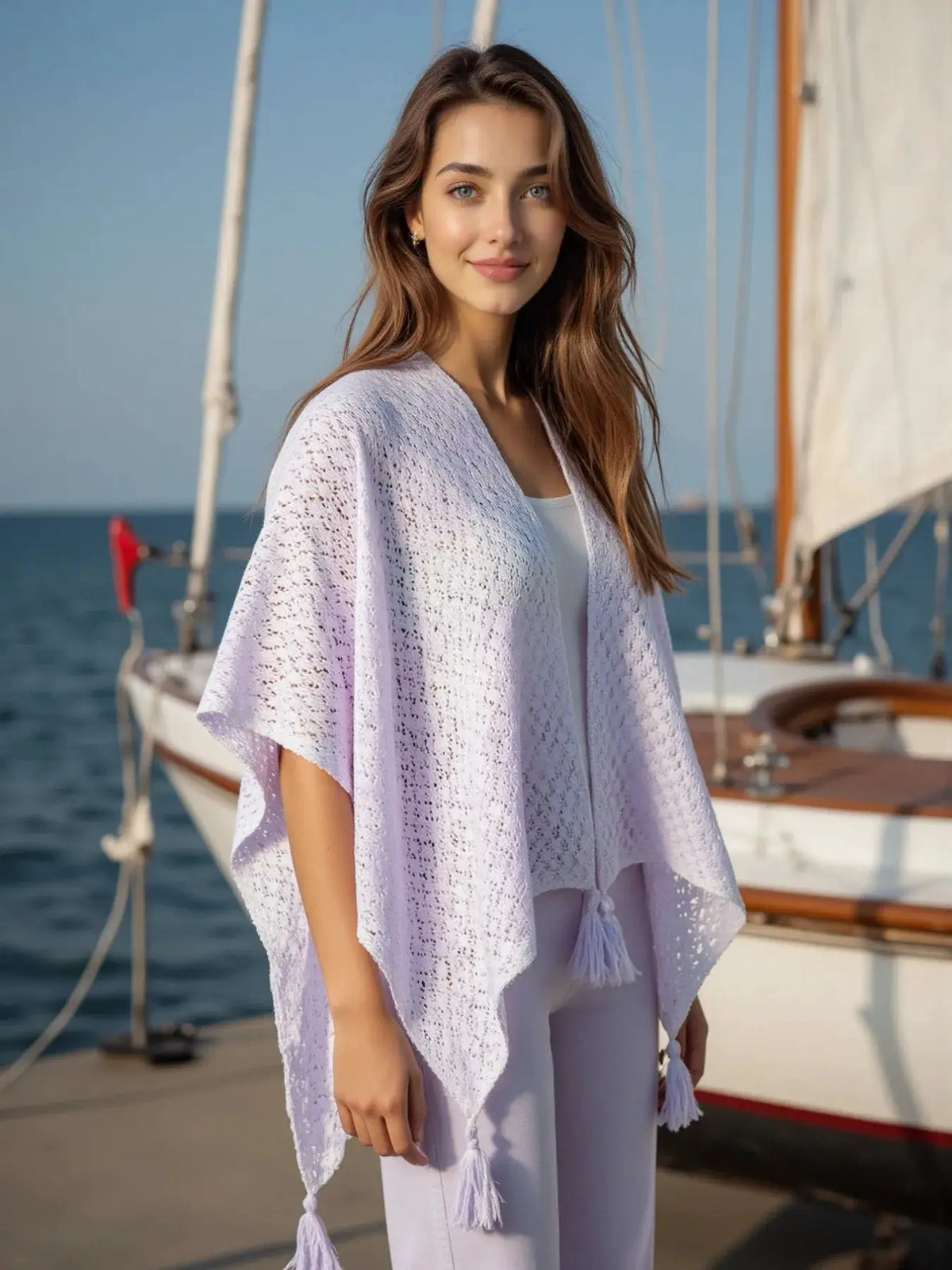 Lightweight gradient openwork knit tassel beach cover up in lavender, worn by a woman.