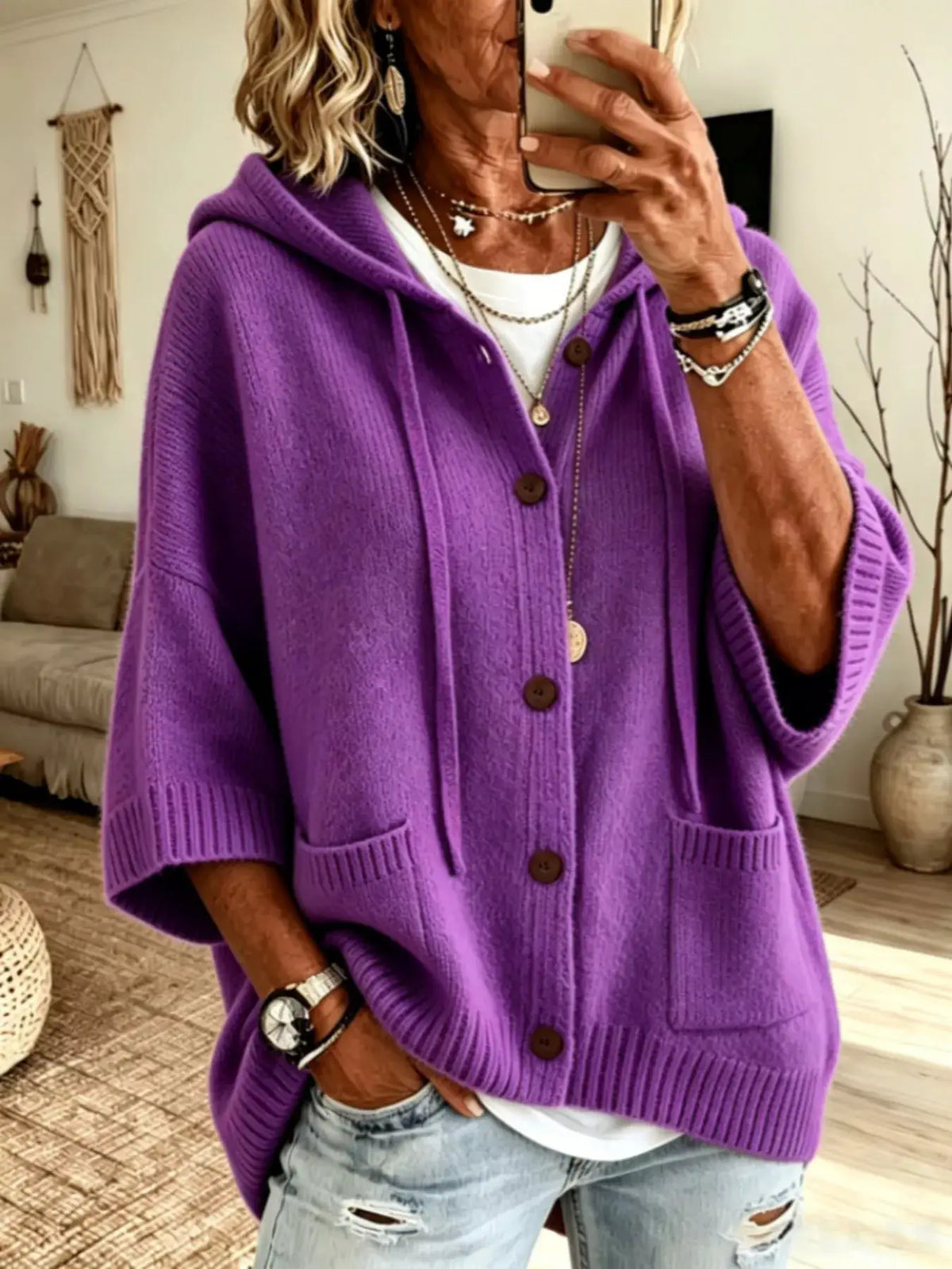 Full-Size Casual Hooded Button-Down Knit Cardigan by Trendsi in purple with brown buttons and front pockets