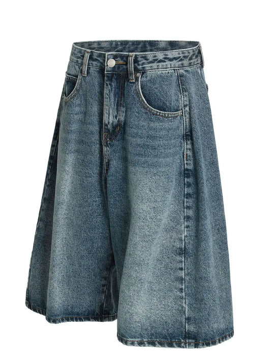 Men's washed wide-leg denim shorts with cotton-stretch fabric and relaxed fit, blue denim with front pockets