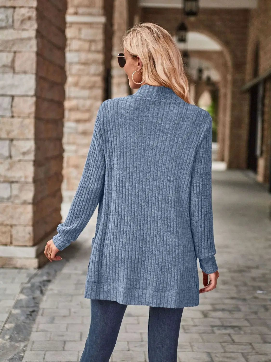 Blue-gray ribbed knit open-front cardigan for women with long sleeves and mid-thigh length, back view.