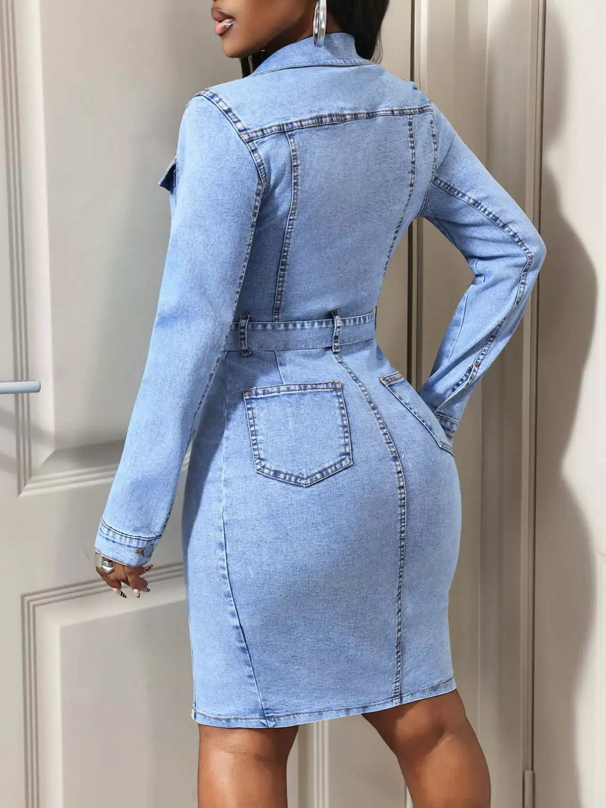Women's button-down denim dress with tie waist and side pockets, light wash, Trendsi.