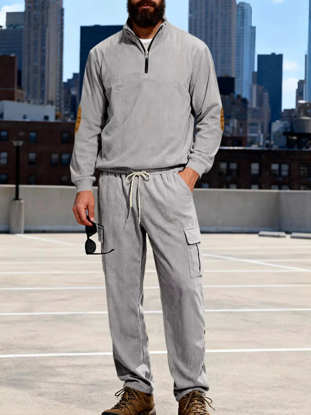 Mens casual two-piece gray long-sleeve top and pants set, plus size