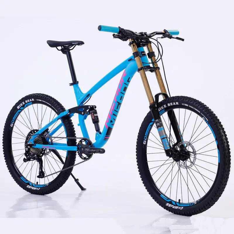 Blue aluminum alloy full-suspension mountain bike with front suspension fork and disc brakes