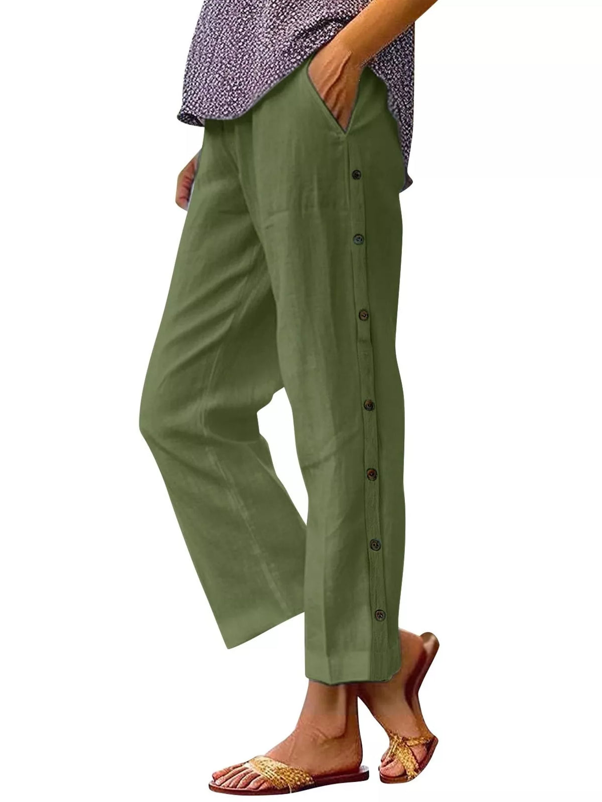 Full-Size Side Button Decor Pants by Trendsi in olive green with pockets