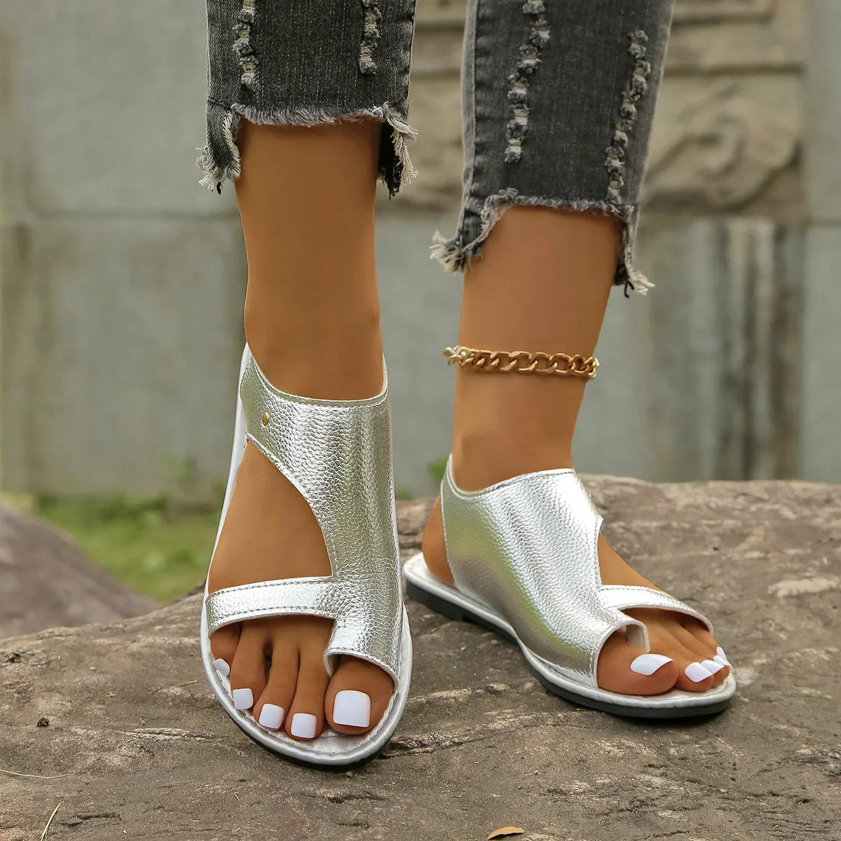 Toe Loop Flats Sandals, silver metallic, open-toe pair