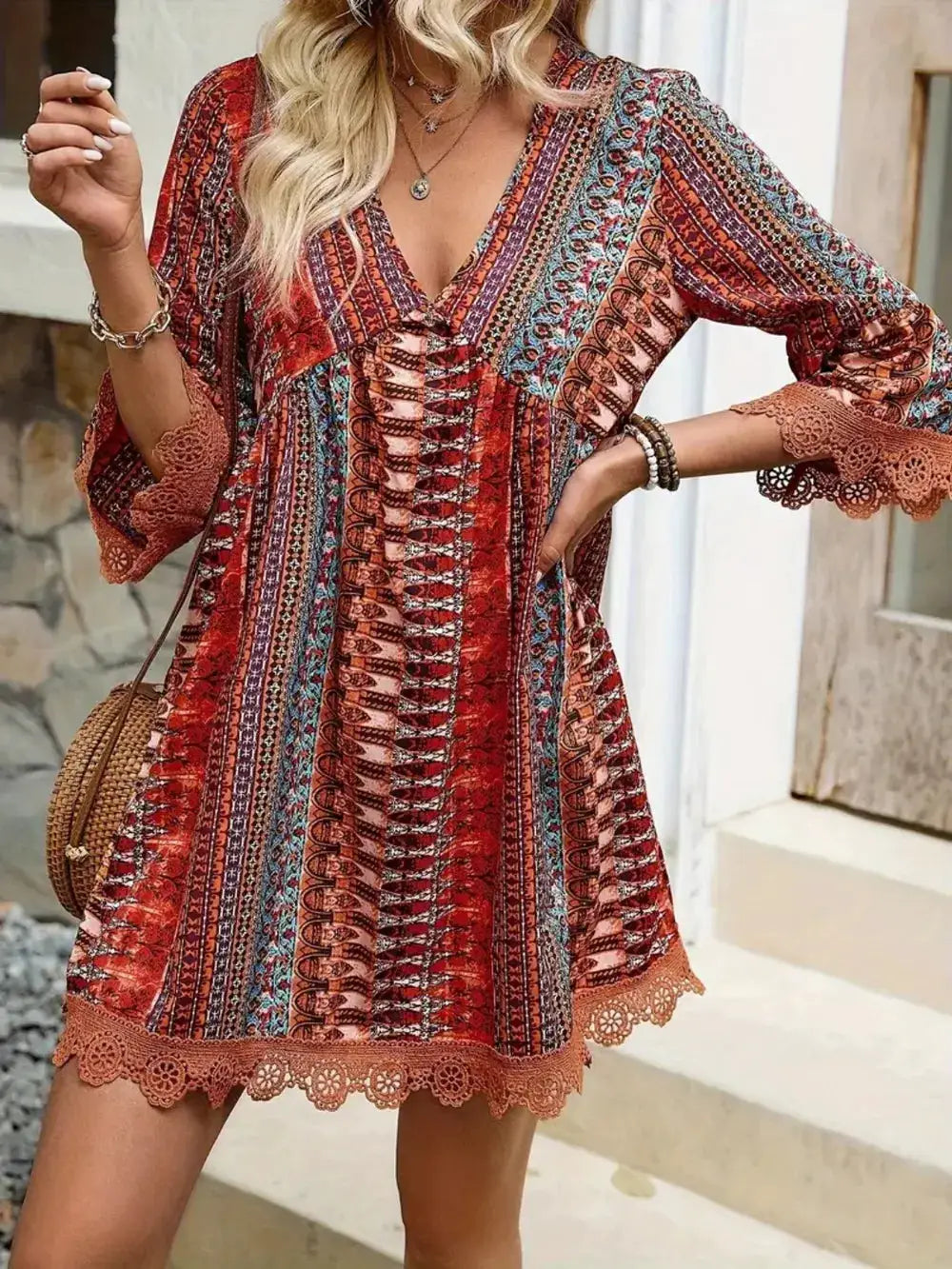 Lace Trim Printed V-Neck 3/4 Sleeve Dress in red boho pattern