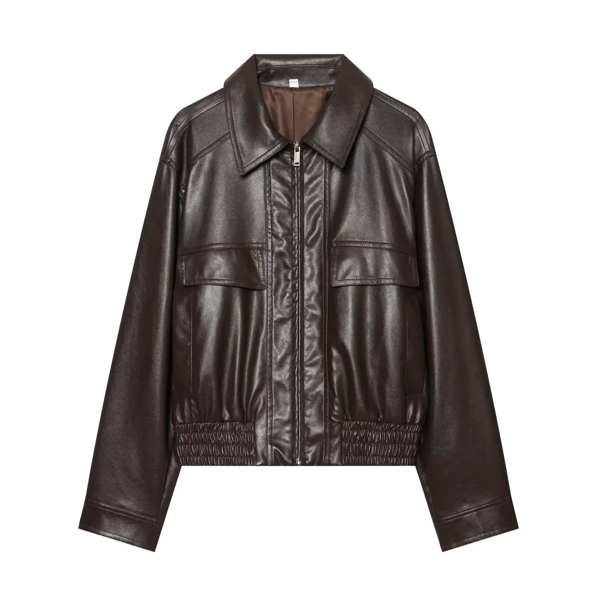 Women's dark brown corridor-shaped faux leather jacket by eprolo with front zipper and flap pockets.