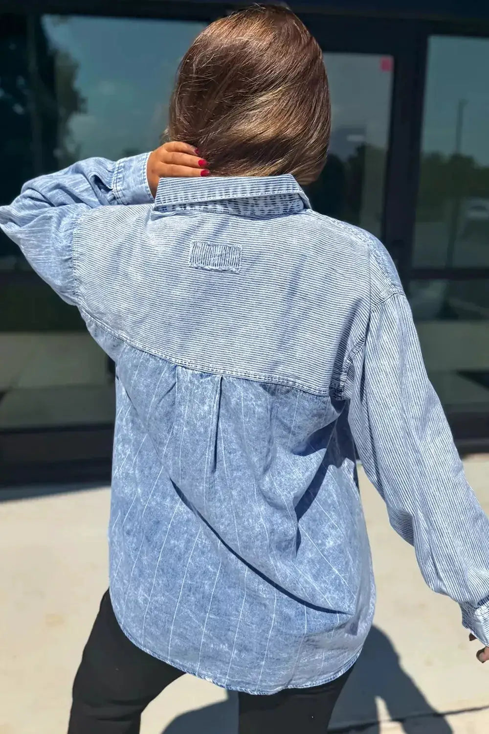 Classic Front Button Striped Denim Shirt With Pockets, light blue denim, back view