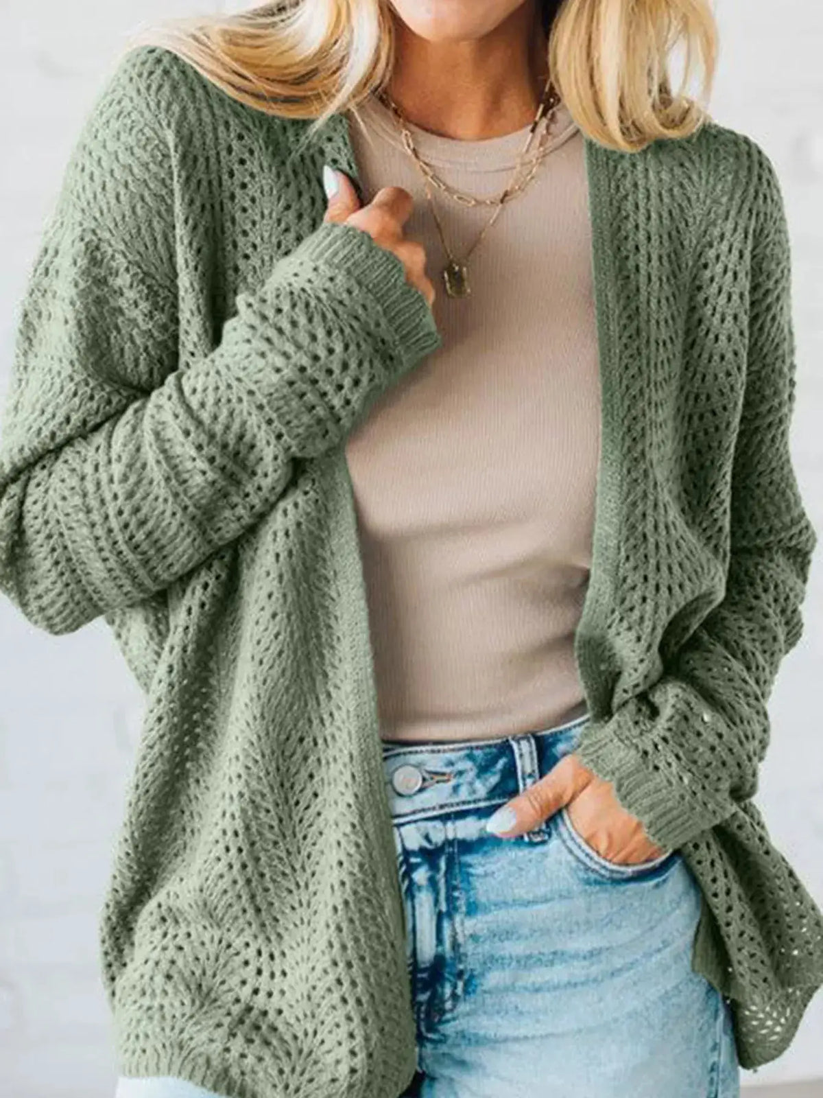 Cardigan: lightweight sage green scalloped-edge eyelet knit with batwing sleeves by Trendsi