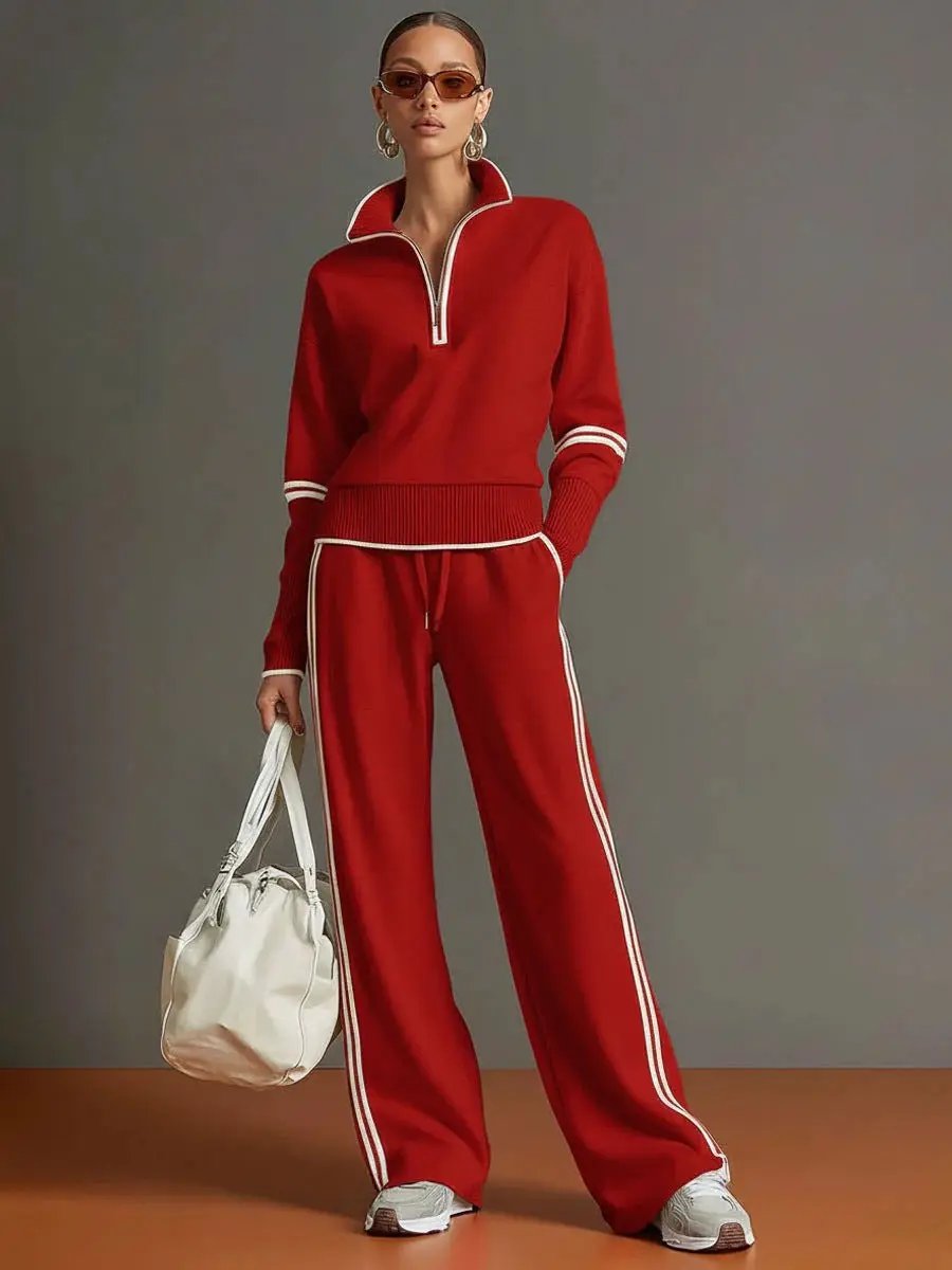 Women’s active cotton long-sleeve two-piece set in red with white piping