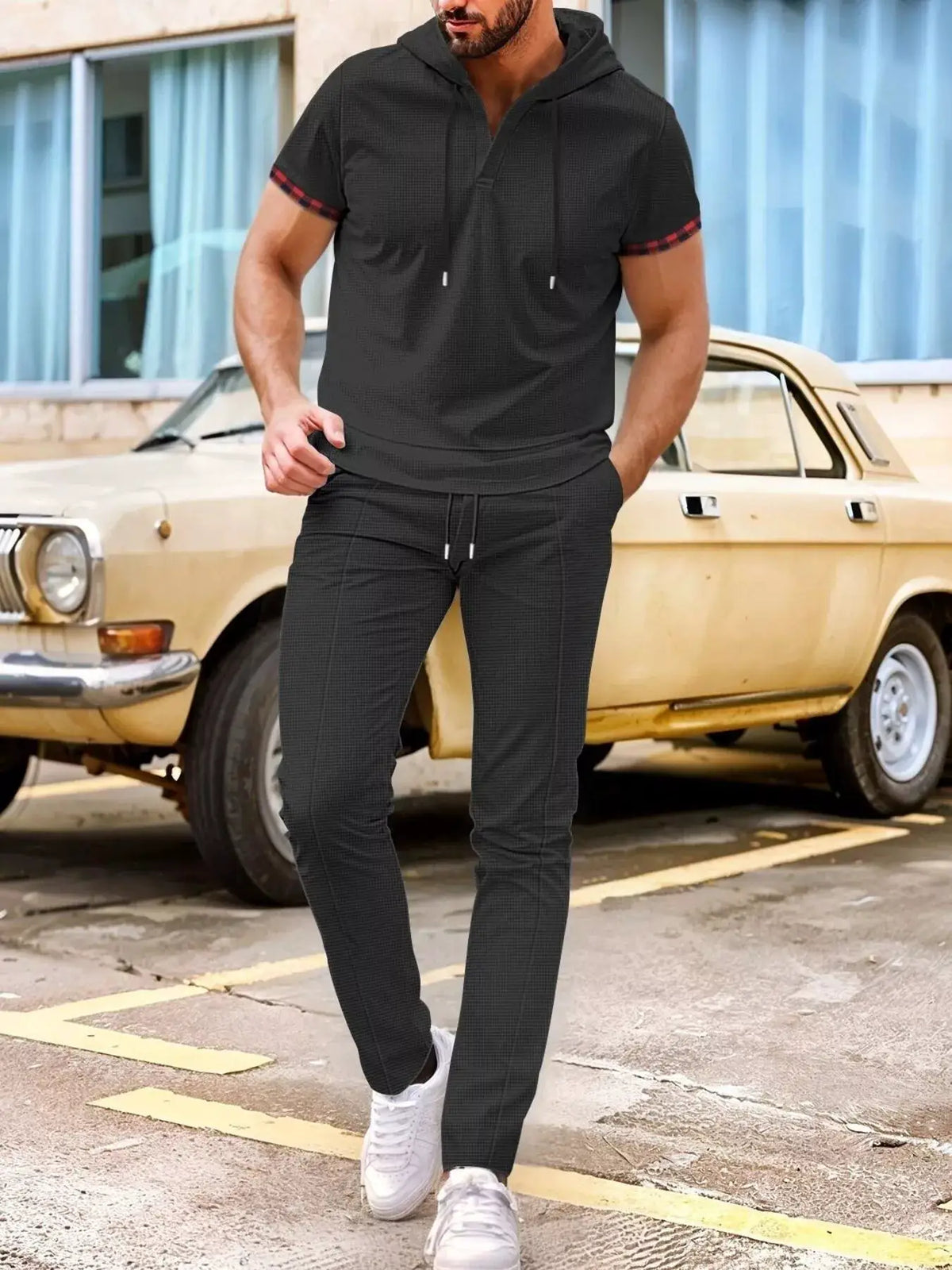 Mens lightweight short-sleeve hoodie and pants lounge set, charcoal, plus size, Trendsi