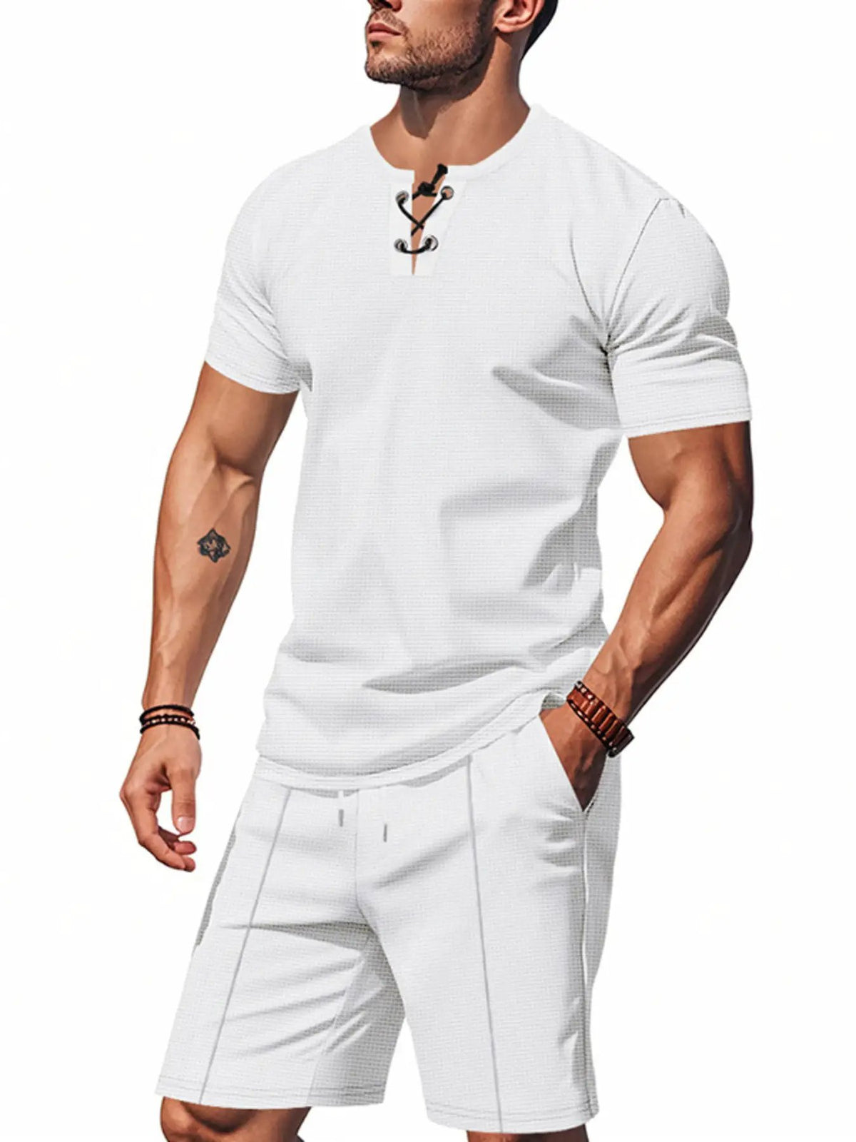 Men Plus Size Casual Short Sleeve Tee and Pocketed Shorts Set in white with lace-up neckline by Trendsi