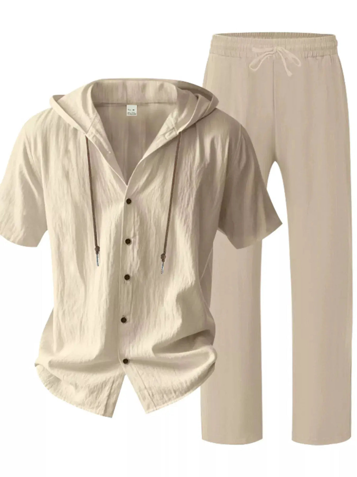 Trendsi men's breathable linen hooded button-up top and pants set, beige, plus size.
