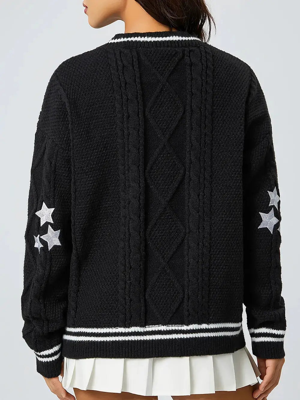 Womens Star Embroidered V-Neck Knit Cardigan in black with white striped cuffs and hem, star embroidery on sleeves