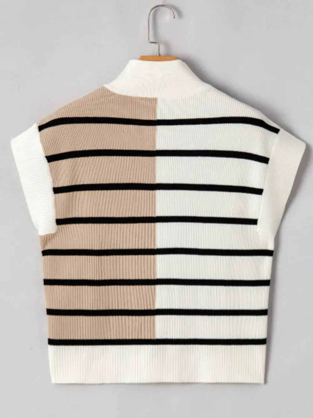 Soft stretch striped half-zip sweater vest in beige, white, and black knit; lightweight polyester