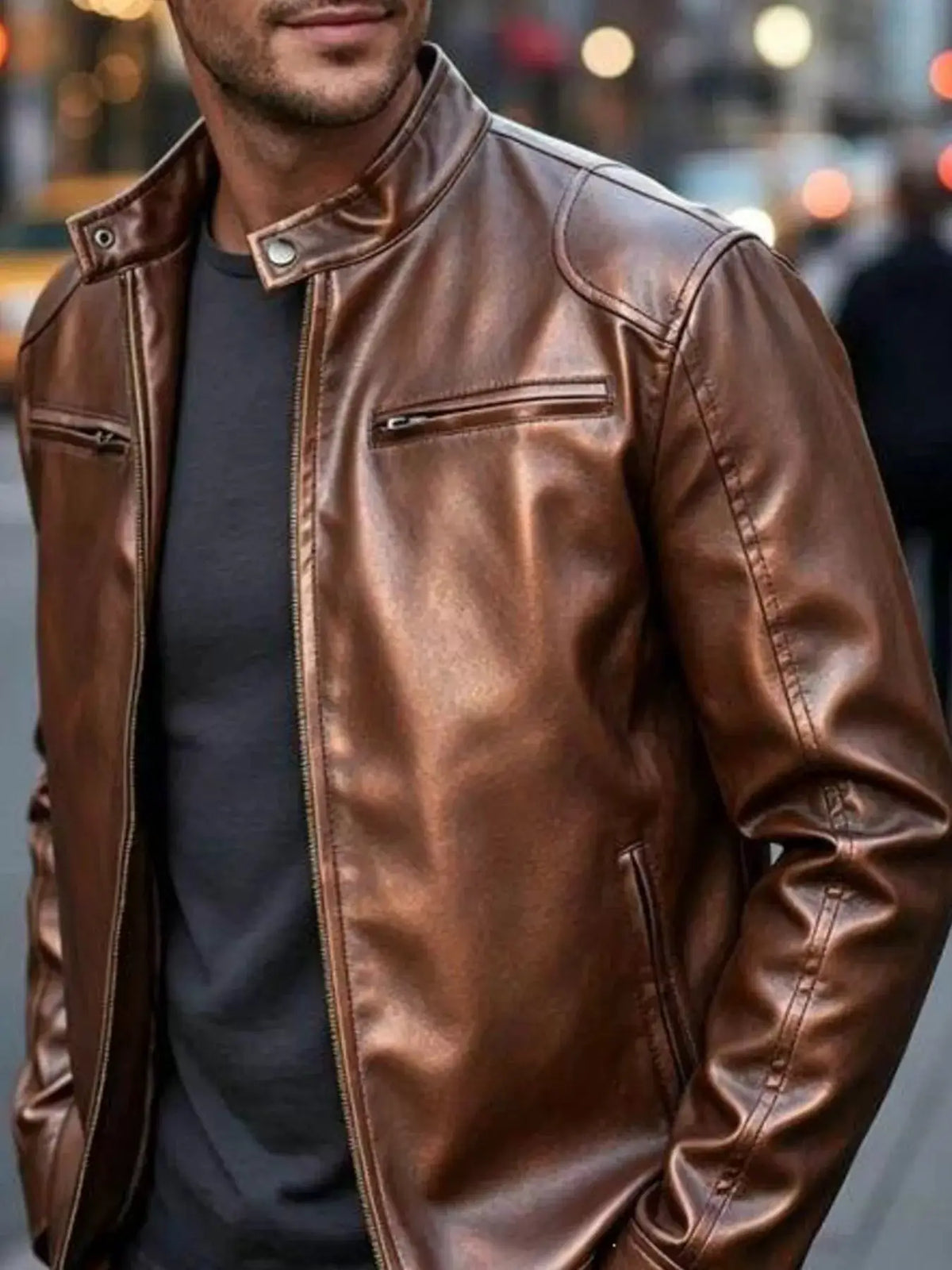 Men's brown faux leather bomber jacket with zip pockets and stand collar, plus size