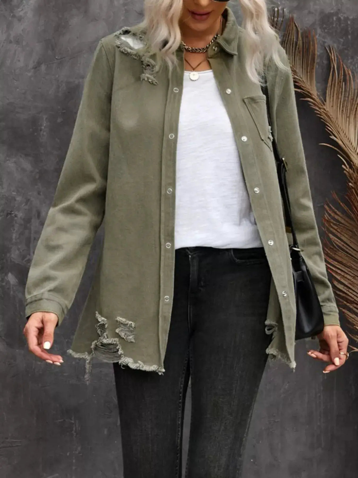 Premium heavyweight olive denim shirt jacket with distressed raw-hem detailing.