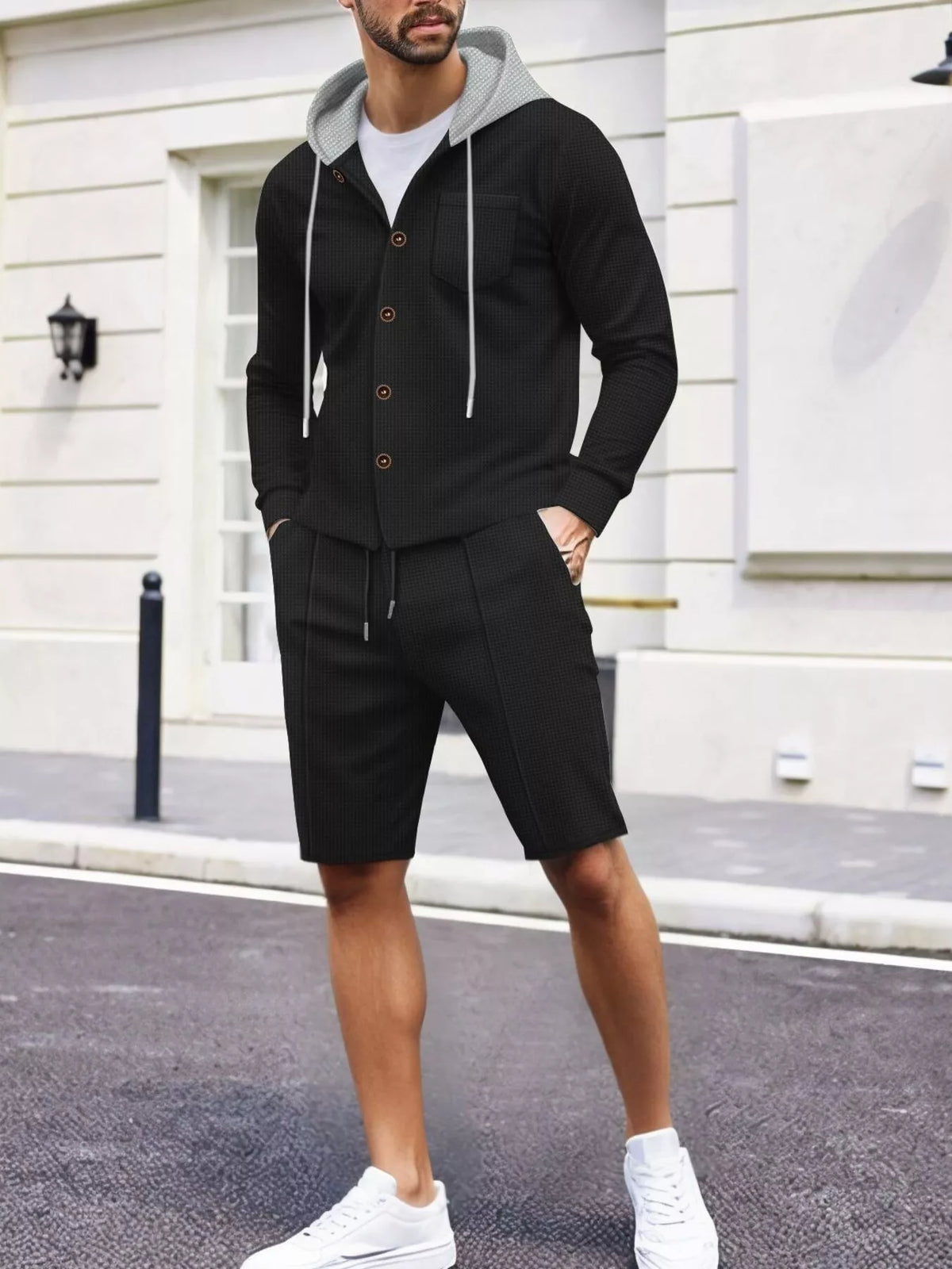 Men's full-size casual hooded button-up top and shorts set in black with gray hood lining