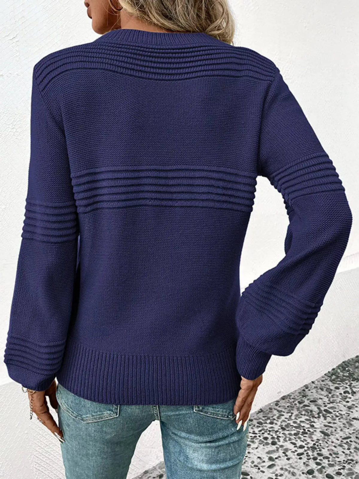 Cozy acrylic round-neck long-sleeve sweater by Trendsi in navy blue with ribbed yoke and cuffs
