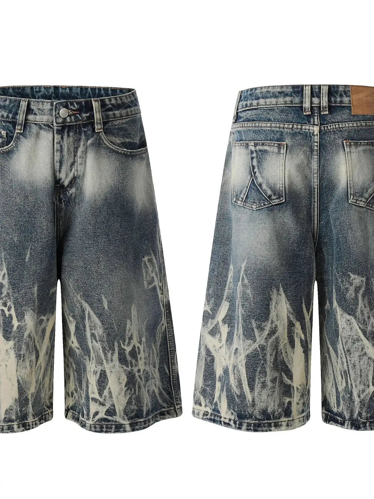 Men's acid-wash denim shorts with stretch cotton blend; front and back views show faded blue wash and pockets.