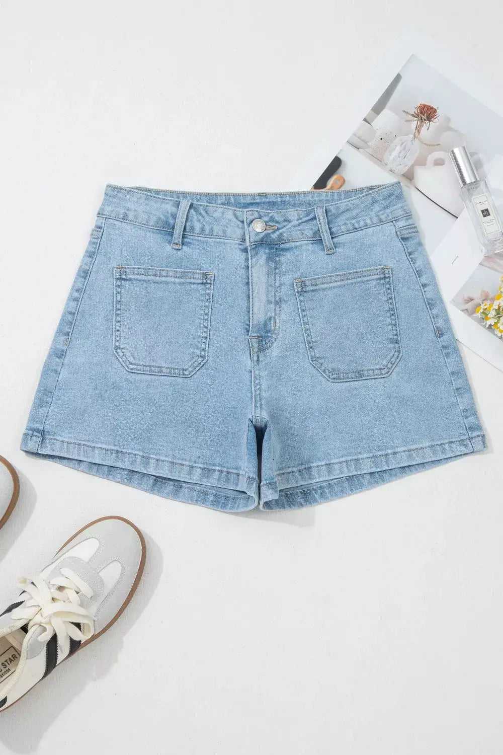 High Rise Patch Pocket Denim Shorts by Trendsi, light-wash blue denim with two back pockets