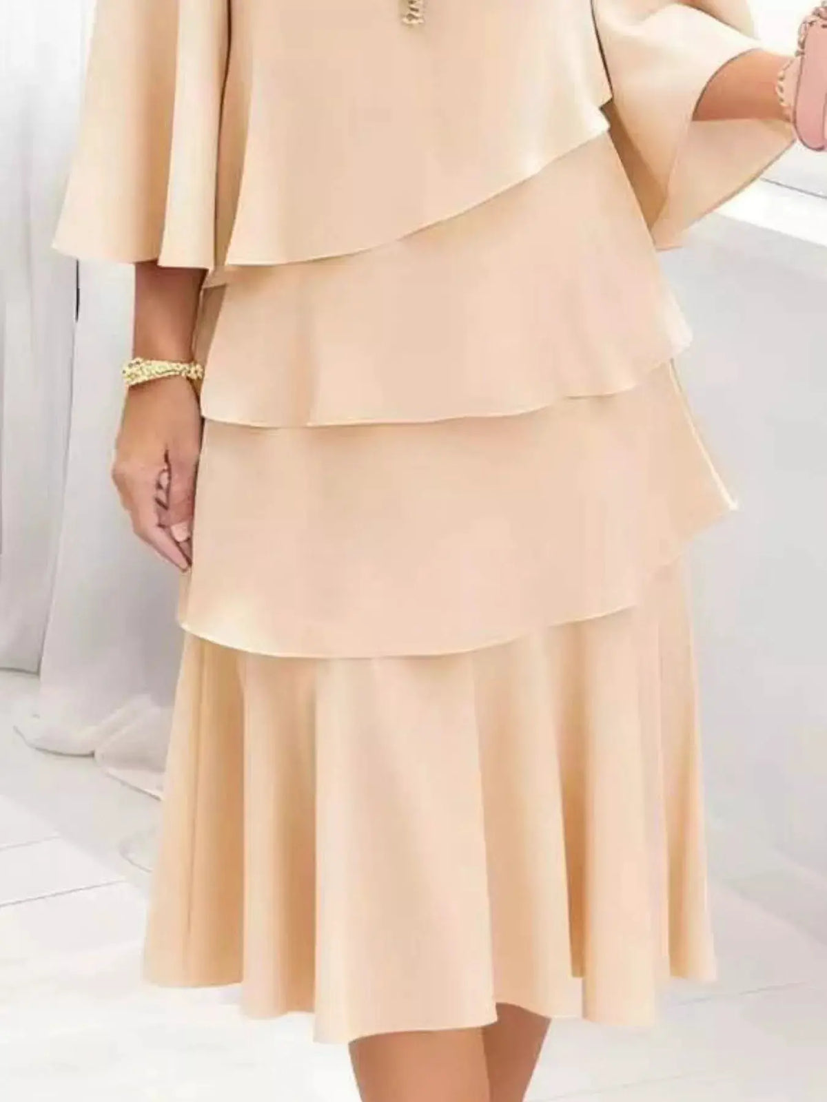 Trendsi full-size plus-size ruffled layered 3/4 sleeve dress in peach