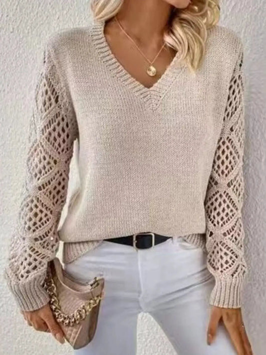 Womens V-neck hollow-out knit sweater with lattice sleeves in beige by Trendsi