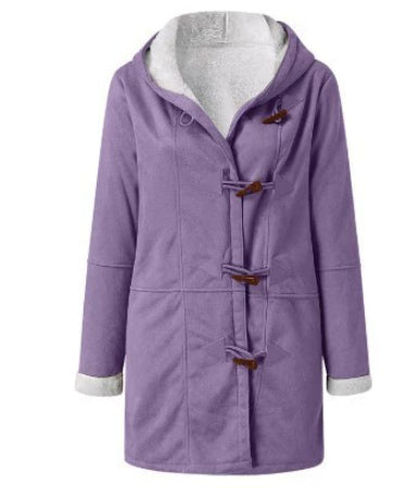 Women's Vintage Winter Coat, lavender duffle with hood and toggle closures, white fleece lining, cozy warmth