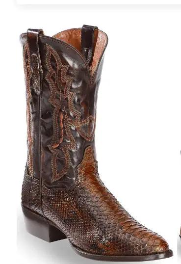 Cavanaugh men's boots by AdTec, brown pointed-toe western boot with embroidered shaft and snakeskin-textured vamp