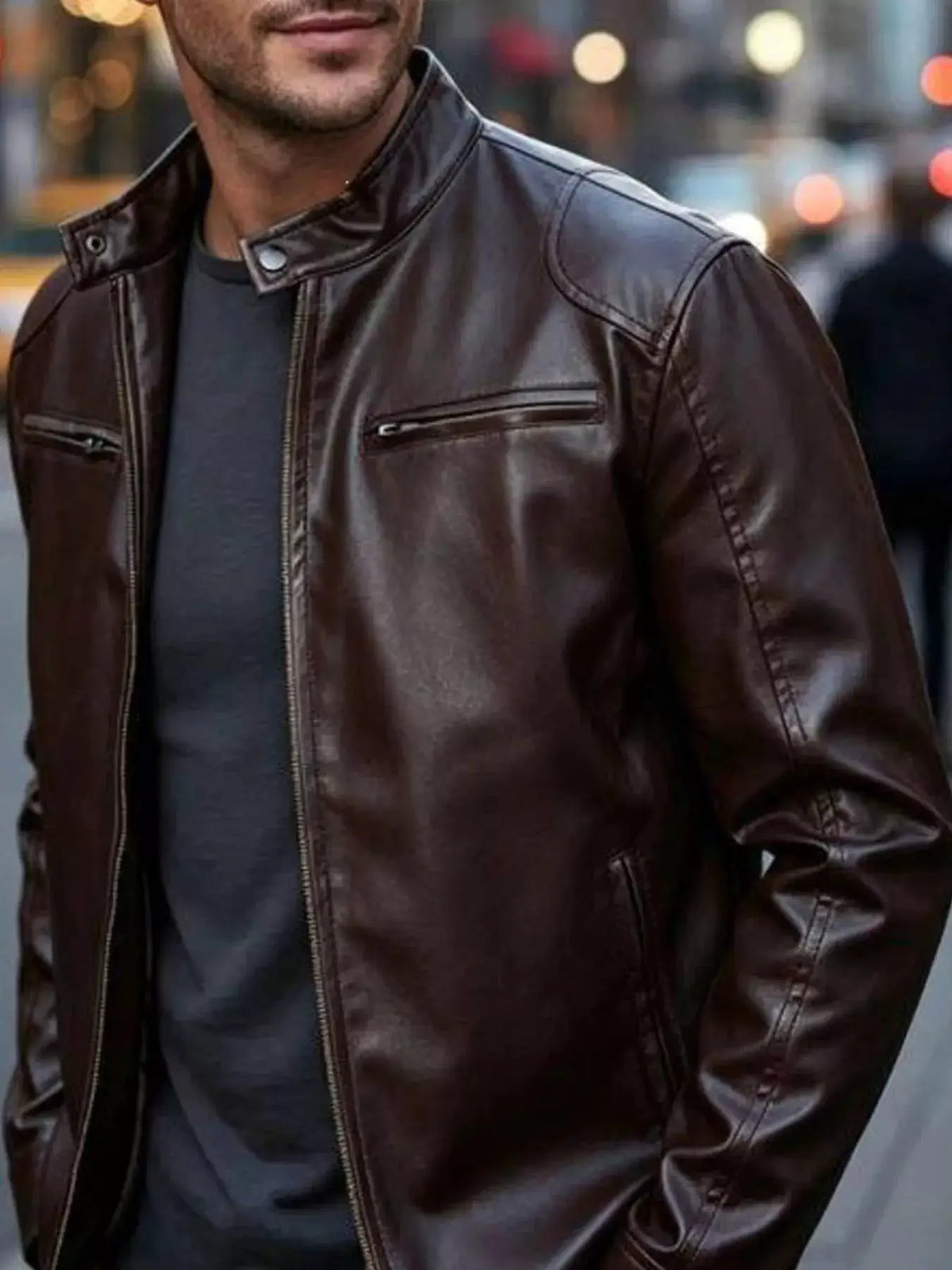 Men's plus-size faux leather bomber jacket with zip pockets in dark brown