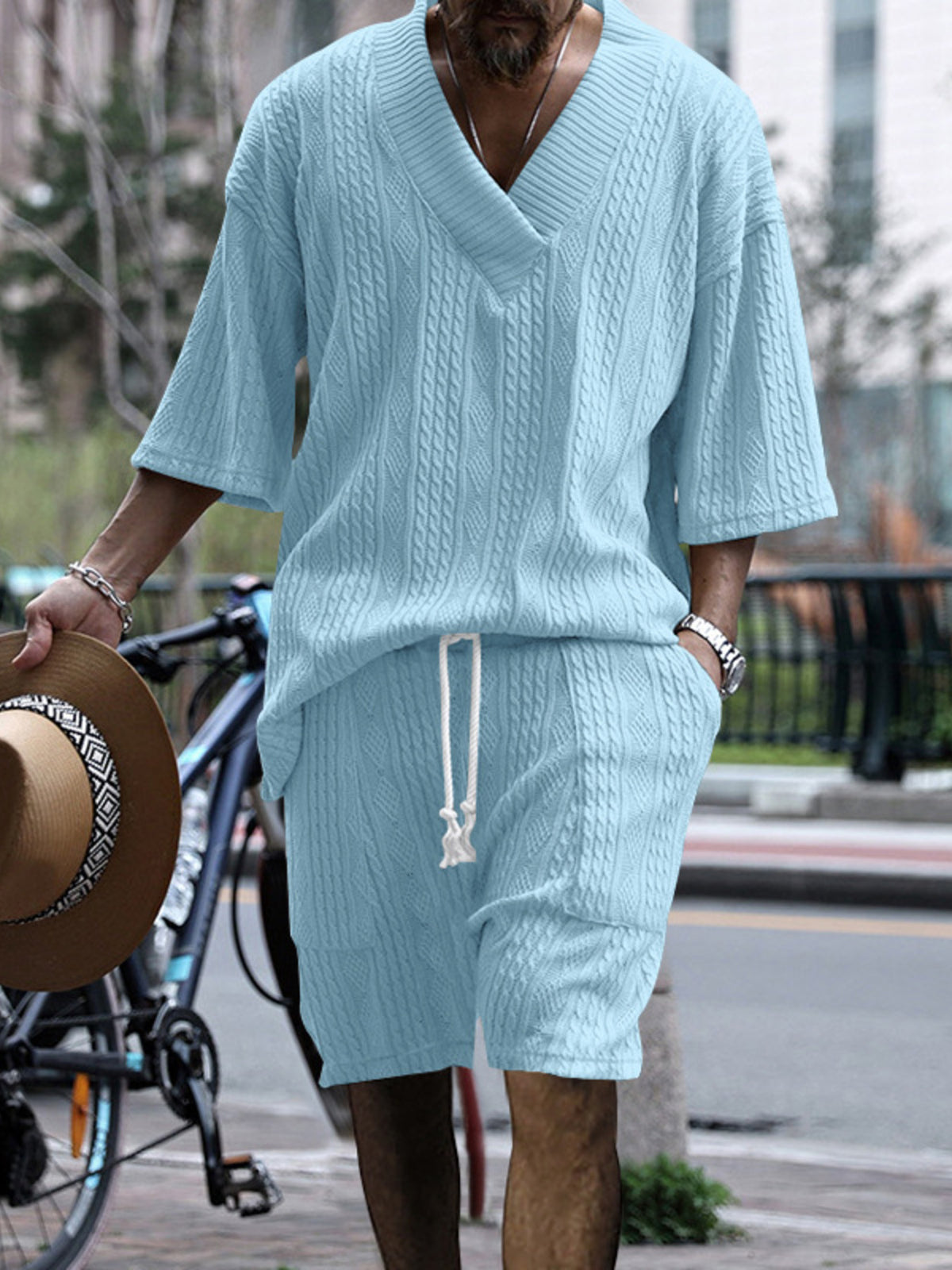 Men's light blue knit V-neck top and shorts set, cable-knit pattern, plus size