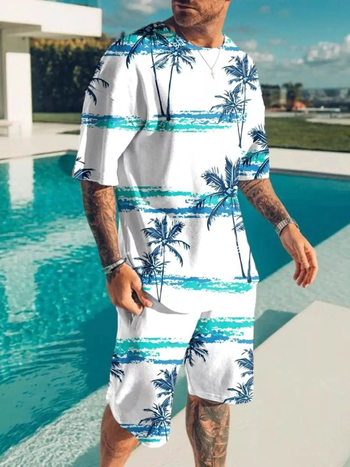 Mens Palm Tree Print Two-Piece Shorts Set in white with teal-blue palm trees; plus size, Trendsi