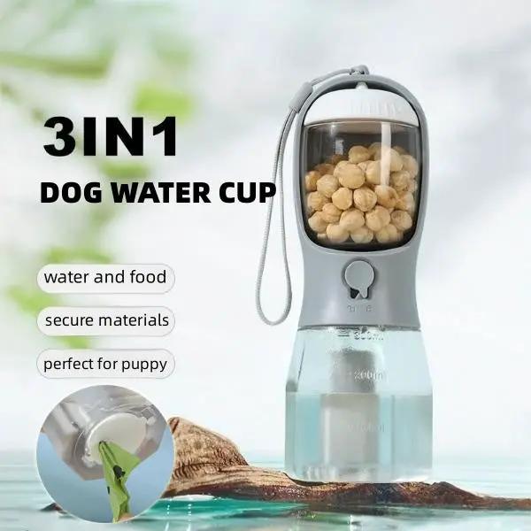 Dog water cup 3-in-1 portable gray AdTec bottle with built-in food dispenser for puppies