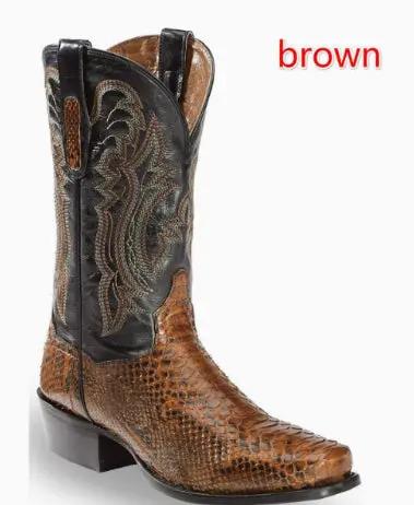 Cavanaugh men’s quilted pointed-toe boots with embroidery, brown snakeskin leather, AdTec.