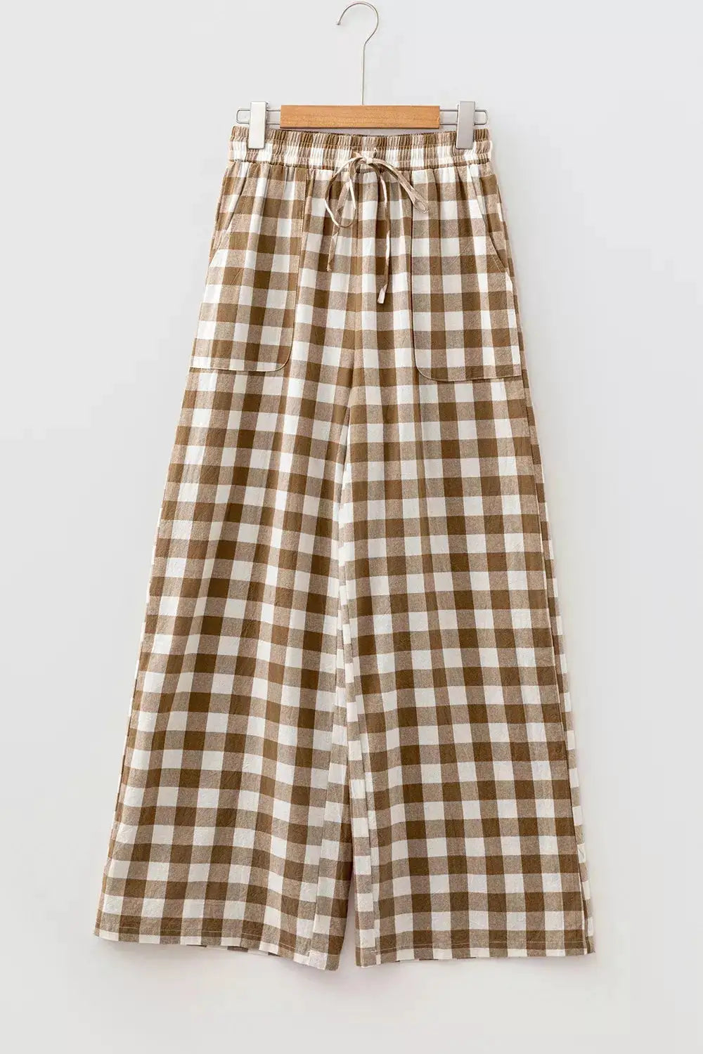 Gingham plaid tie-waist shift pants in brown and white check, wide-leg trousers